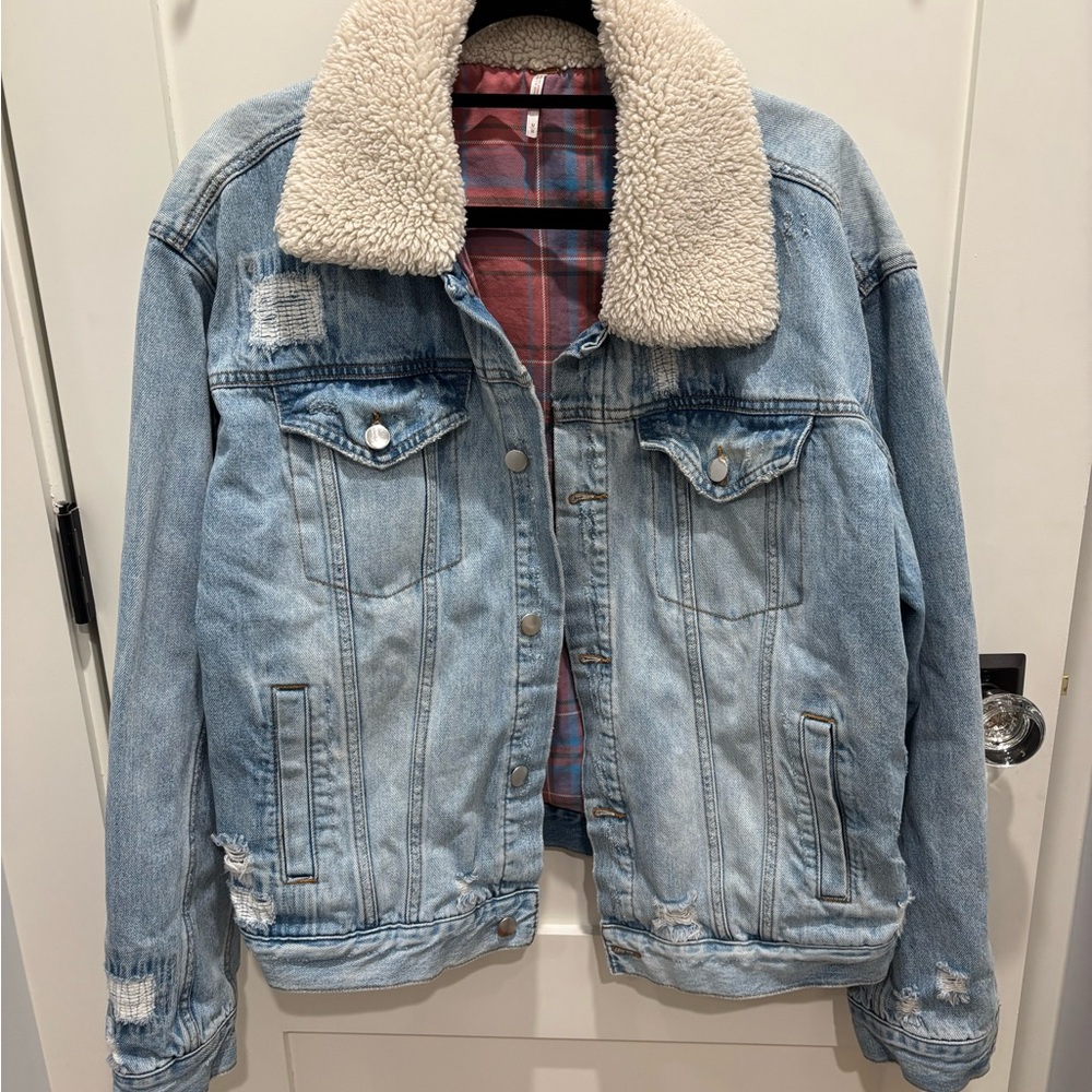 Free People Denim Jacket with Cream Sherpa Collar